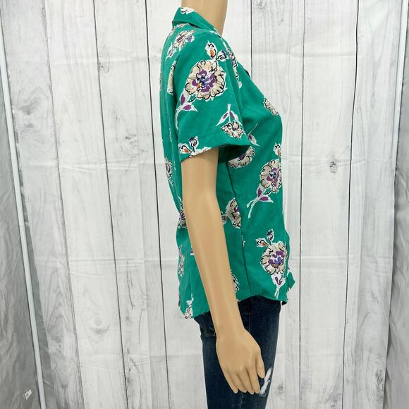 Oak Hill SMALL American VINTAGE 80s Womens Green Floral Button Up Blouse Top - Picture 3 of 11